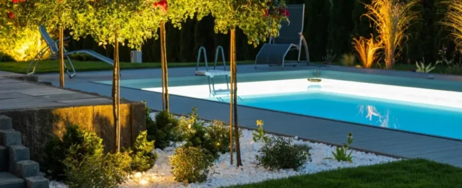 Modern illuminated residential outdoor swimming pool, poolside and the back yard.