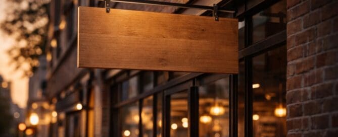 A wooden board sign is attached to a metal pole and connected to a brick building. Warm lights brighten the wood.