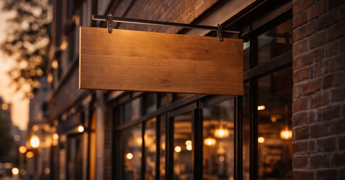 A wooden board sign is attached to a metal pole and connected to a brick building. Warm lights brighten the wood.