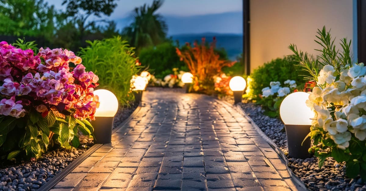 A stone pathway with flowers and bushes. Small circular spheres with glowing white lights line the path.