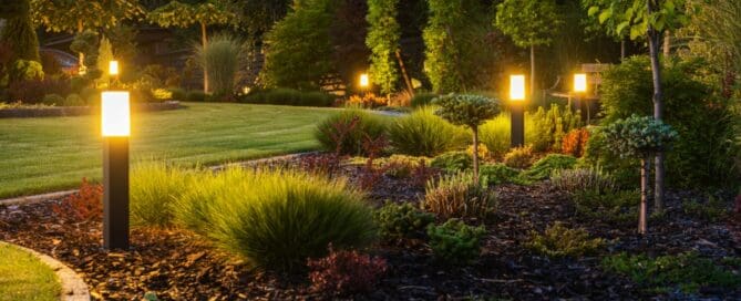 A lawn with landscaping that has green shrubs, trees, and a mulch base. Lights are scattered throughout the landscaping.