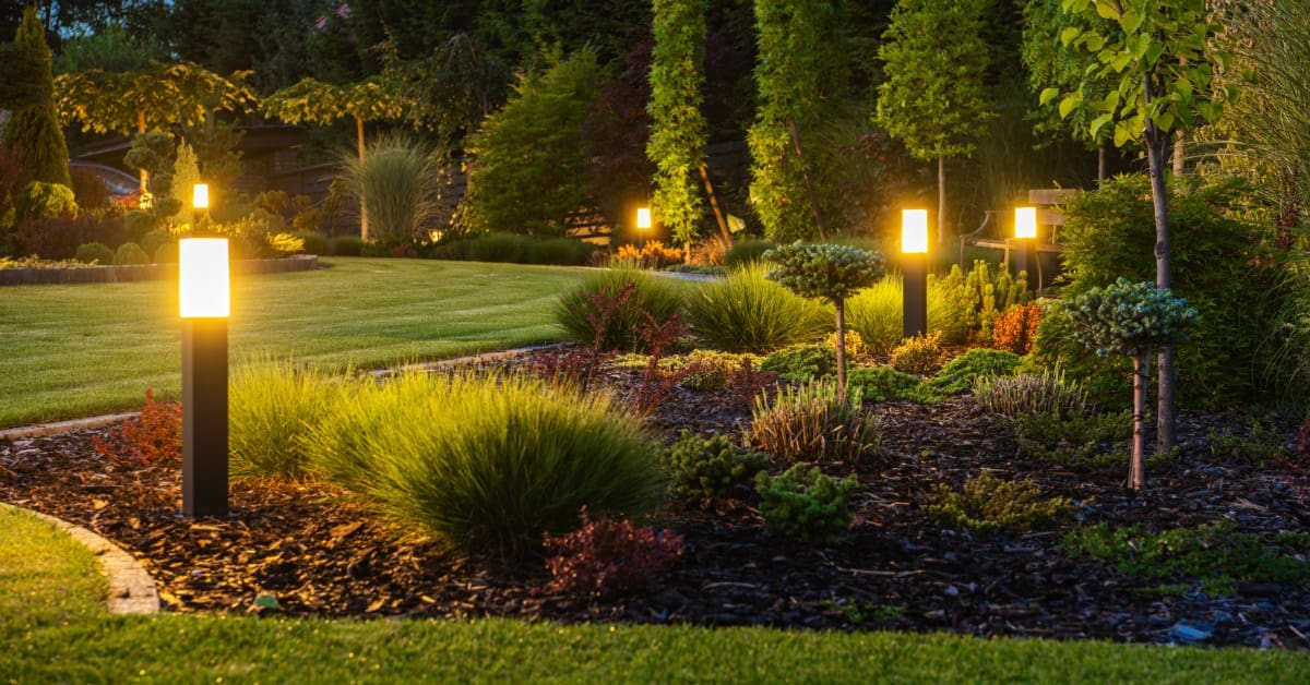 A lawn with landscaping that has green shrubs, trees, and a mulch base. Lights are scattered throughout the landscaping.